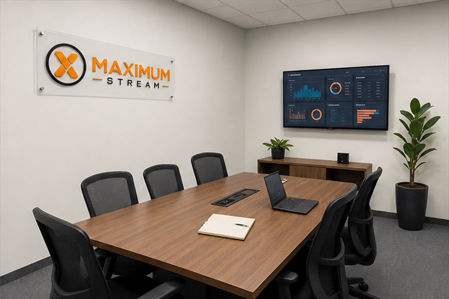 Sala de reunião institucional da Maximum para alinhamento de projetos de web rádio
