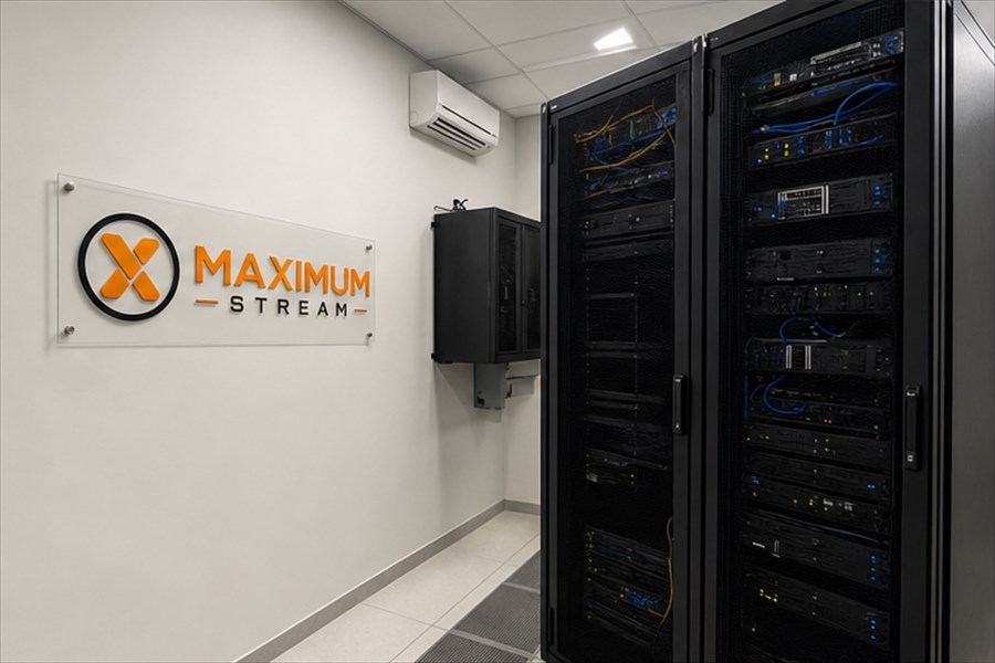 Sala técnica com servidores e infraestrutura para streaming