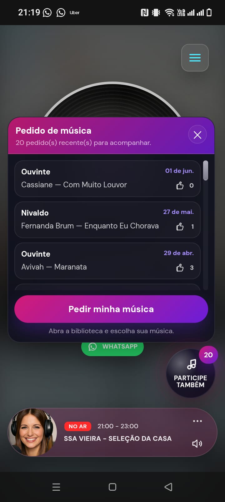 Pedido de música pelo aplicativo